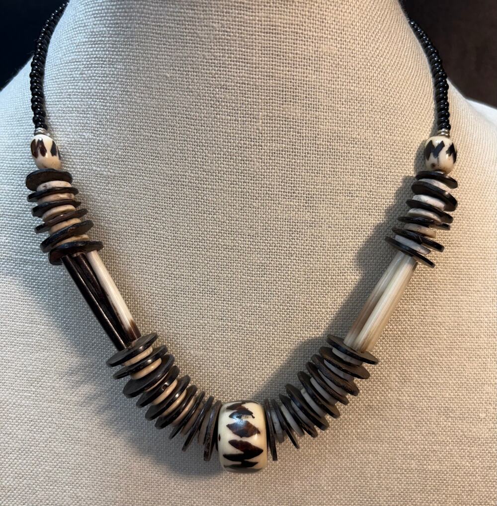 Black & White Tribal Bead Necklace with Bone & Disc Beads